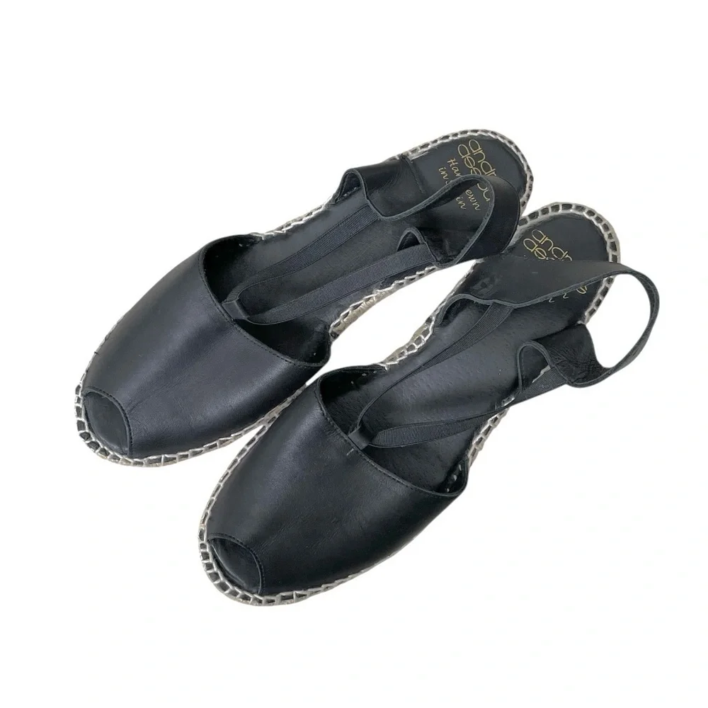 ANDRE ASSOUS Spain Leather Sling Back Peep Toe Wedge Espadrilles Sandal Black 10